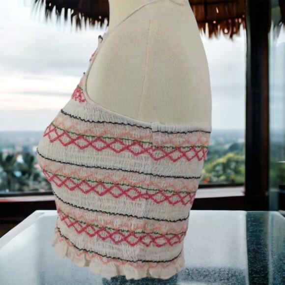 American Eagle EmbroideredSmocked Ruffle TrimCropped Crop Halter Top Size M - Picture 2 of 6